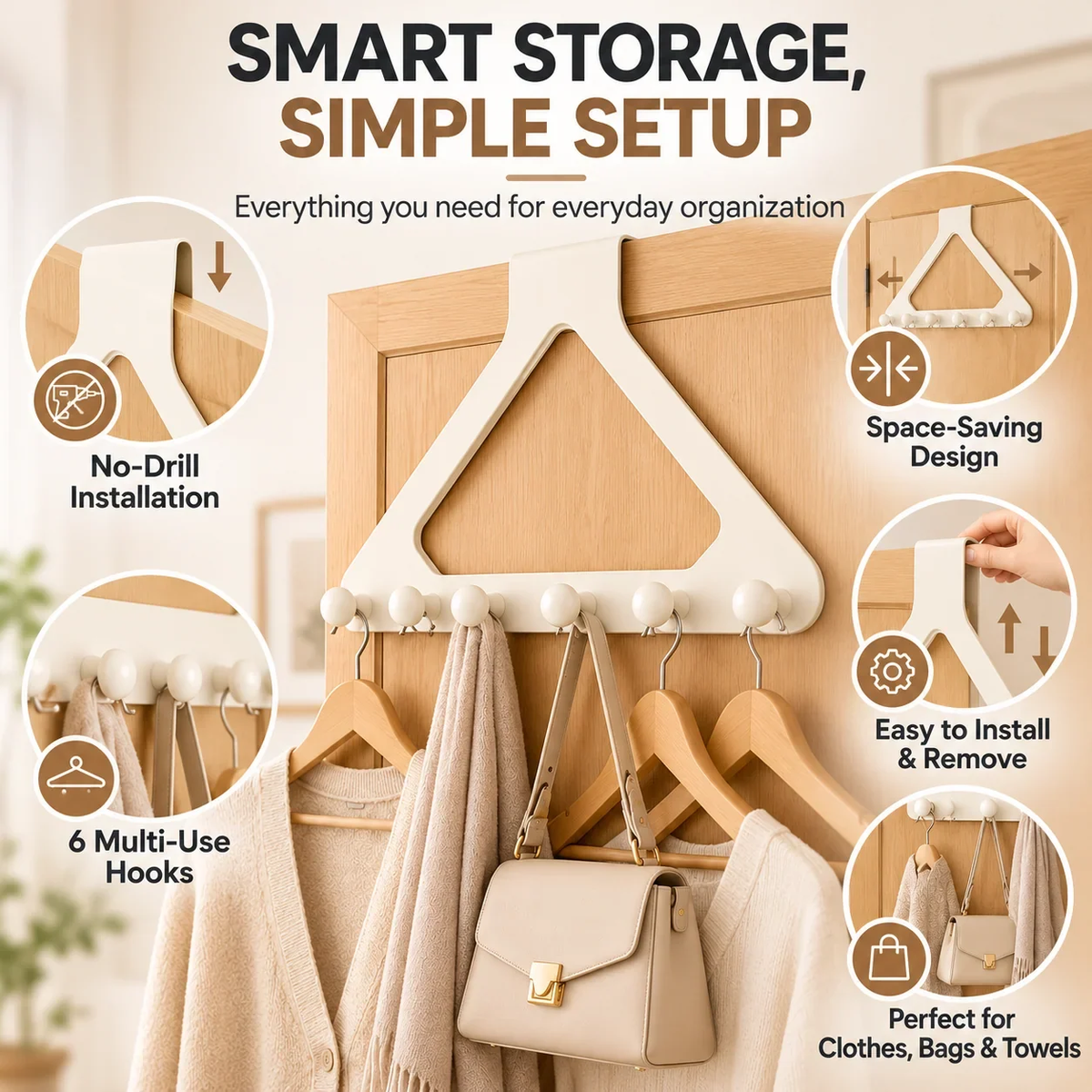 Over-the-Door Triangle Hook Rack – No-Drill 6-Hook Organizer for Clothes, Towels & Bags