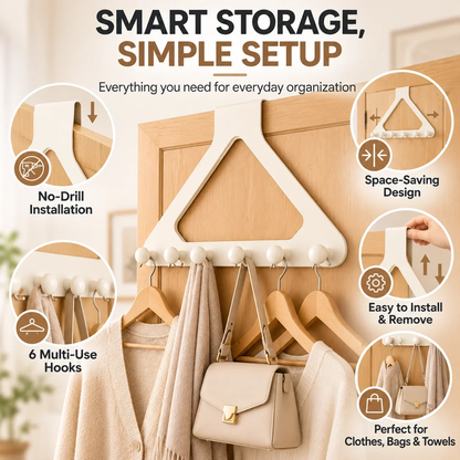 Over-the-Door Triangle Hook Rack – No-Drill 6-Hook Organizer for Clothes, Towels & Bags