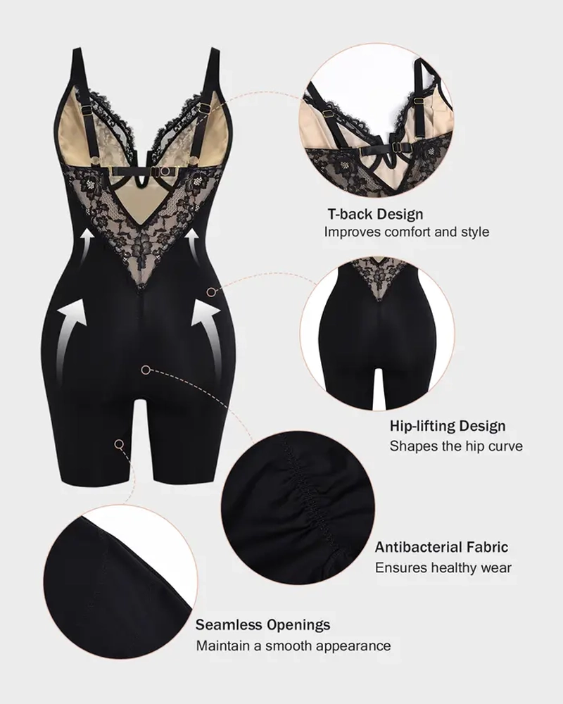 T-Back Backless Sexy Bodysuit with Lace V-Neck Detail