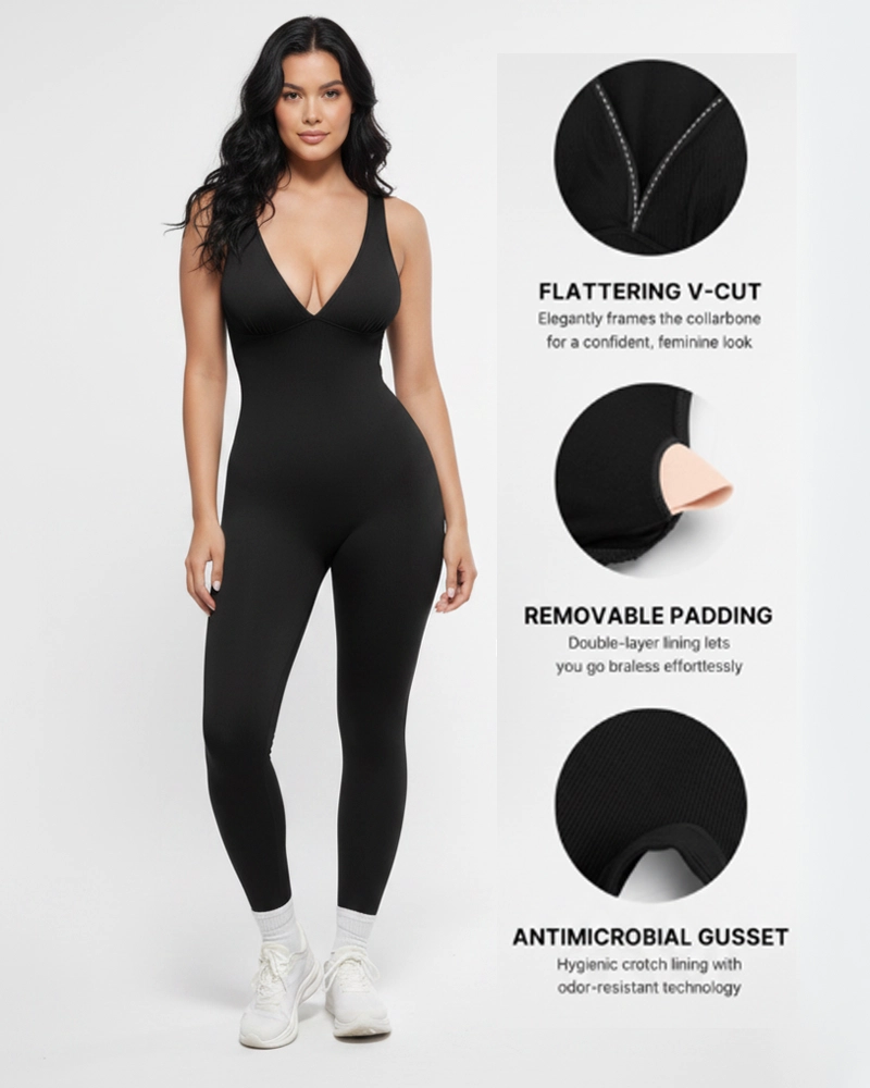 Deep V‑Neck High Waist Tummy Control Shapewear Jumpsuit