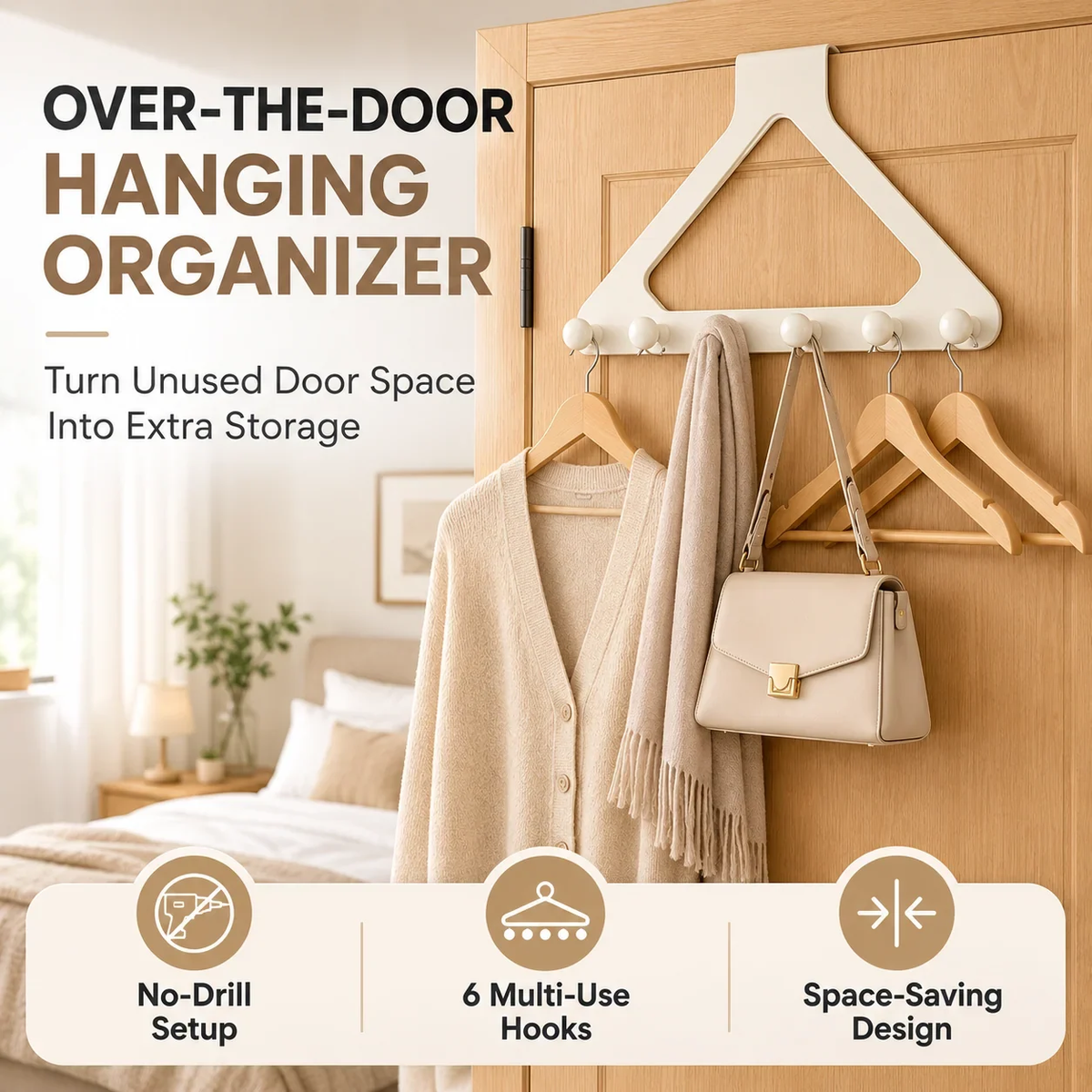Over-the-Door Triangle Hook Rack – No-Drill 6-Hook Organizer for Clothes, Towels & Bags