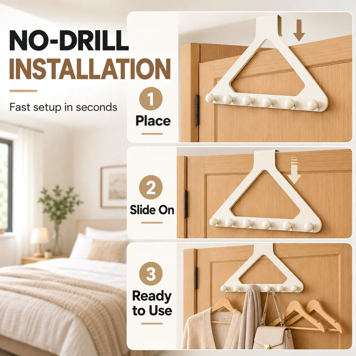 Over-the-Door Triangle Hook Rack – No-Drill 6-Hook Organizer for Clothes, Towels & Bags